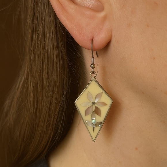 Alpaca Dangle Earrings Vintage Mother of Pearl inlay pierced silvertone 1.75” - Picture 1 of 8
